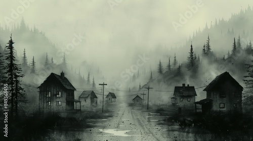 A monochromatic watercolor illustration of a quiet village road lined with houses, utility poles, and surrounded by forested hills enveloped in mist
