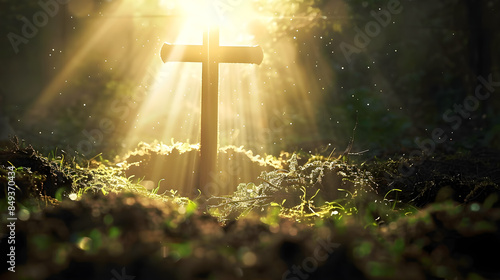 A wooden cross stands over an open grave, illuminated by radiant sunlight in a serene garden. Ideal for spiritual and religious events, with ample copy space.