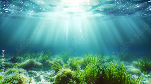 Beautiful sea background with algae on the bottom, featuring large copyspace area with sunlight permeating the clear water, ideal for meditation or environmental themes.