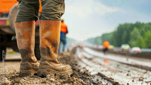 A seasoned road construction engineer,firmly secured, meticulously inspects the progress of expressway construction site, carefully traversing the terrain on foot to assess the quality and adherence 