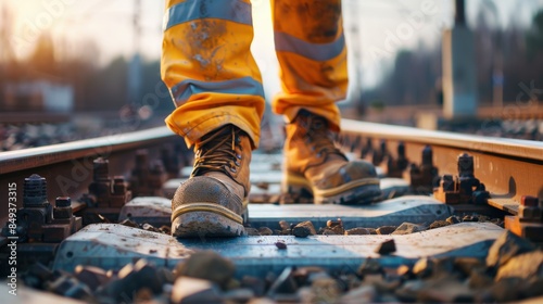 A seasoned road construction engineer,firmly secured, meticulously inspects the progress of expressway construction site, carefully traversing the terrain on foot to assess the quality and adherence 