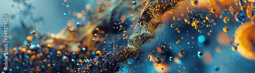 Dynamic abstract macro shot with colorful liquid globules and particles, creating a mesmerizing flow of orange and blue hues.
