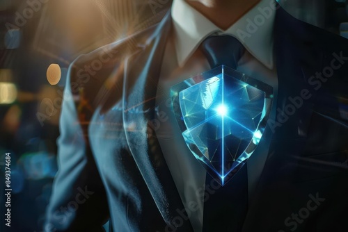secure digital identity businessman with holographic cyber shield conceptual illustration