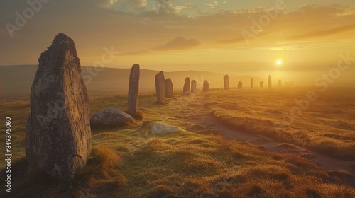 A field of rocks with a sun in the sky