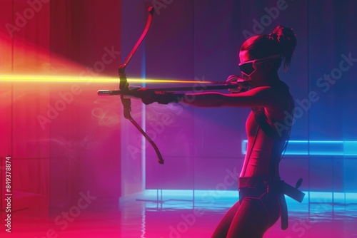 A woman holds a bow and arrow in a bright, neon-lit room