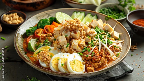 A colorful plate of Indonesian GadoGado with blanched vegetables, tofu, tempeh, boiled eggs, and a rich peanut sauce, garnished with crispy shallots and lime wedges