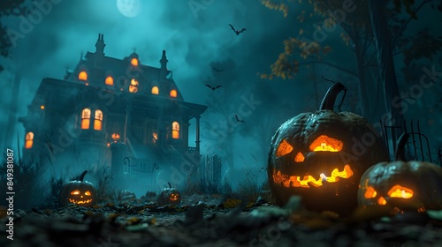 Halloween background with pumpkins and haunted house - 3D render. Halloween background with Evil Pumpkin. Spooky scary dark Night forrest. Holiday event halloween banner background concept 