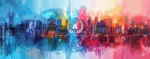 Abstract city skyline with vibrant watercolor paint, featuring the United Nations symbol.