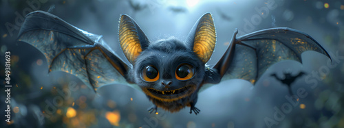 Sweet vampire bat with big eyes and a bow tie flying over a moonlit night