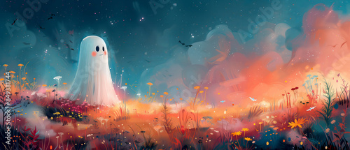 Cute ghost with rosy cheeks floating in a whimsical, colorful Halloween landscape
