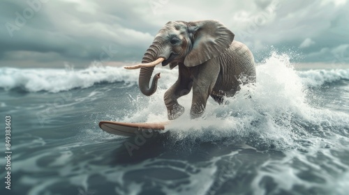 elephant surfs a wave in a stormy sea, its trunk raised in the air as if celebrating its victory over the elements.