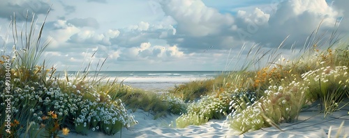 serene coastal dune garden with salt - tolerant grasses and wildflowers under a blue and white sky