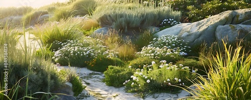 serene coastal dune garden with salt - tolerant grasses and wildflowers under a bright sky