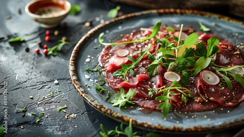 A picturesque plate of emu carpaccio with a native herb salad, garnished with finger lime pearls, rustic kitchen background, natural daylight