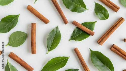 Cinnamon sticks and green leaves are separate on a white background