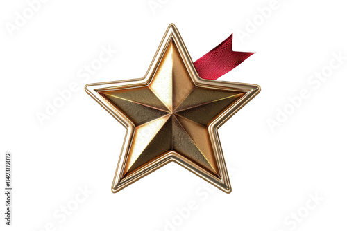 Golden star medal with red ribbon isolated on a transparent background. symbolizing achievement, success, and excellence.