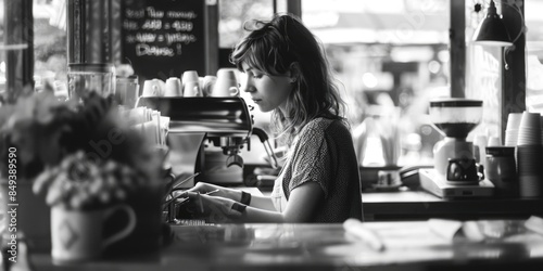 A woman sits at a counter in a cozy coffee shop, enjoying her morning cup of joe