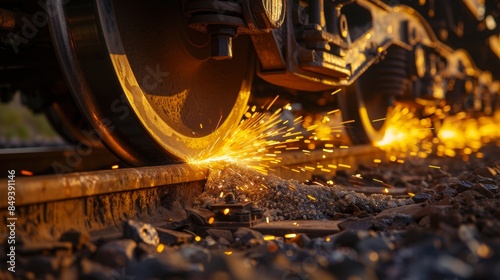 Close up of train wheel sparking during braking with empty space for adding descriptive text