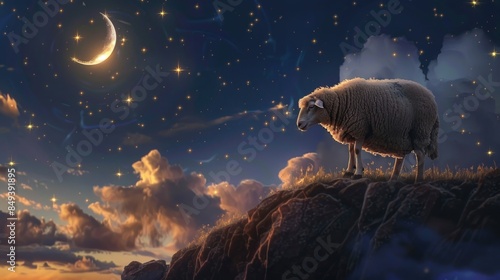A single sheep standing on the top of a hill under the stars, great for rural or landscape-themed illustrations