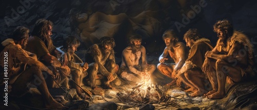 A group of Neanderthals sit around a fire. Evolutionary study of ancient humans Studying the biology of ancestors. Group of Neanderthals that has disappeared