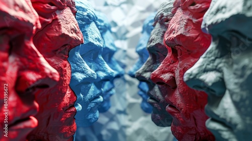 A 3D illustration depicts cultural and social divides, ideological battles, racism, and the clash between conservative and liberal politics, highlighting community psychology.