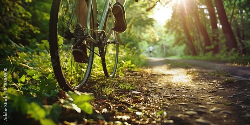 A bicycle parked on a path in the woods, great for outdoor or nature-themed images