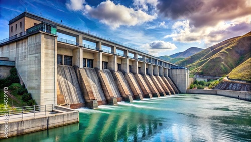 Side view of a hydroelectric power station , renewable energy, hydro power, electricity, dam