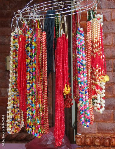 Nepalese souvenirs close-up in Kathmandu. Handcrafted beads in local shop, Kathmandu, Nepal.