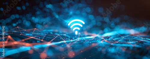 Abstract blue background with a glowing wifi symbol.