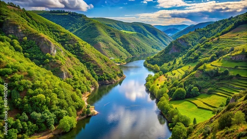 Scenic view of river and green hillside in Ribeira Sacra, Lugo, Galicia, Spain, Ribeira Sacra, Lugo, Galicia