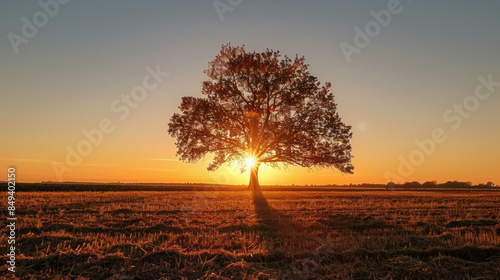 A breathtaking horizon of a beautiful autumn sunset. The sun is setting behind the tree, casting a warm, orange glow in a picturesque autumn landscape.