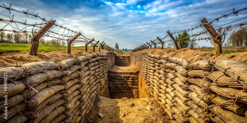 Italian trench from World War I with barbed wire on top , Italian, trench, World War I, barbed wire, defense, military
