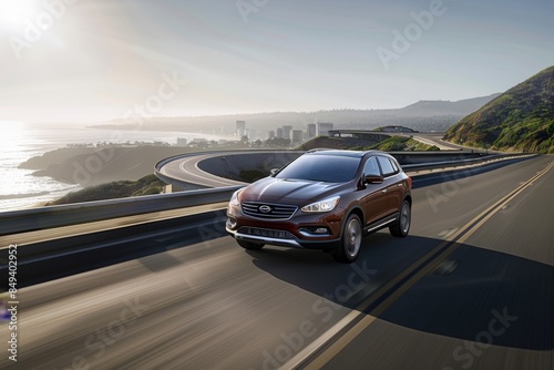 Contemporary brown suv ascends a coastal highway with the city skyline in the background