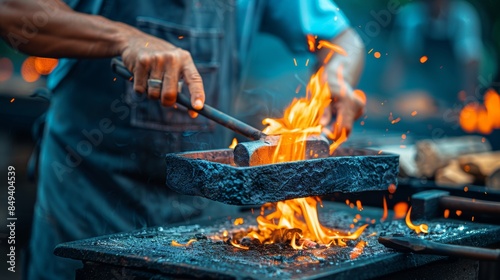 Blacksmith expertly shaping iron with fiery sparks in a traditional workshop setting