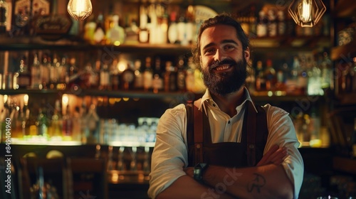 A man with a long beard stands in front of a bar, likely enjoying a drink or socializing with friends