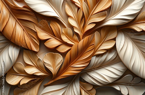 wallpaper with feather inspired graphics in high relief with a wood texture