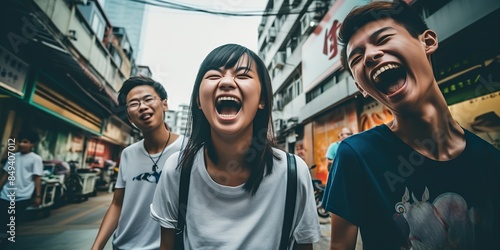 Teenagers in China laugh in the street with their mouths turned up, use filter photography, photo grade, 16k, HDR --ar 2:1 --v 5.2 Job ID: 1d33dd9d-2fb0-4c29-8bab-d338606da40e