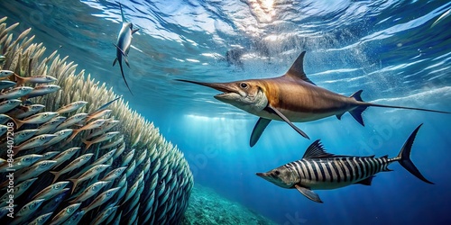 Striped marlin and sea lion hunting in sardine bait ball in Pacific Ocean, marine life, underwater, ocean