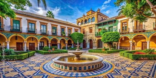 A stunning plaza in Spain with impressive architecture and a central fountain surrounded by colorful tiles and lush gardens