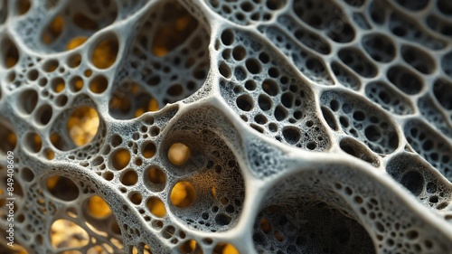 Close-up of spongy bone structure, highlighting anatomy, microscopic details, tissue cells. Emphasizing medical science, biology, skeletal health, showcasing fragility and strength.