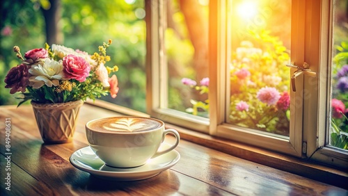 Cappuccino in a cup of hot coffee with sunlight, early morning, flowers on the window, vintage tones, cappuccino, coffee