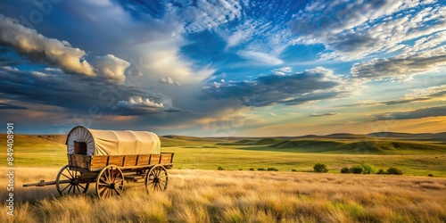 Lonely wagon on the vast prairie landscape, lonely, wagon, prairie, landscape, isolated, vintage, old, transportation