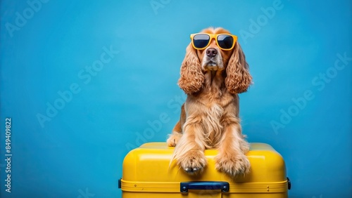 Cute ginger dog cocker spaniel in dark sunglasses sitting on a yellow suitcase ready for holiday on blue background