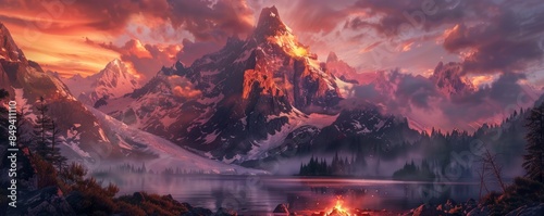 Rocky mountain peak bathed in the warm glow of a campfire, 4K hyperrealistic photo