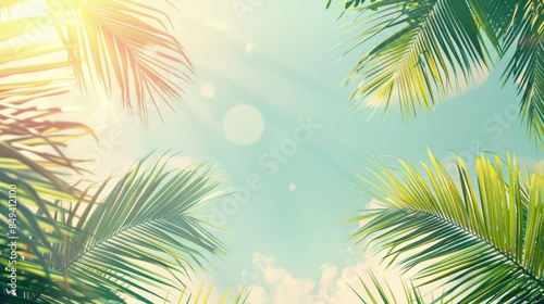 A slight glimpse of palm leaves against a sunny sky on a summer day