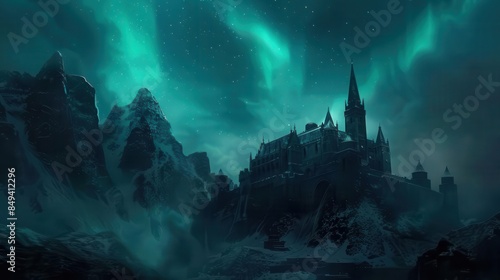 Aurora in a dark sky above a medieval castle, historical, mystical, fantasy style, digital art