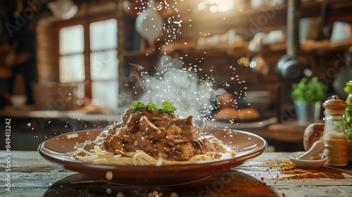 Hearty Russian beef stroganoff with mushrooms and sour cream, served over egg noodles, set in a cozy Russian dacha kitchen with vintage decor and warm, ambient lighting