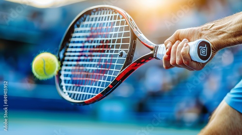Intense close up tennis player s hands gripping racket firmly in mid swing action