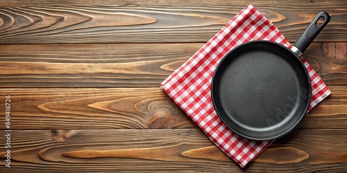 Top view of a black fry pan and cutting board with napkin on a wooden table with mockup, mockup, black, fry pan, kitchen, cooking