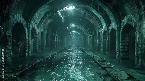 A dark, eerie underground tunnel with arched stone walls and a flooded pathway. Dim lights illuminate the tunnel, reflecting off the water. The atmosphere is mysterious and foreboding.